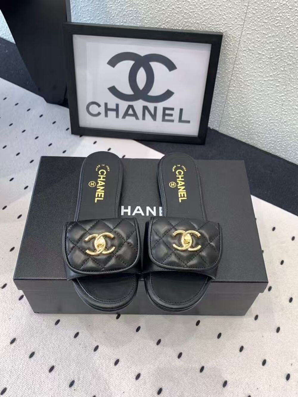 Chanel Black Quilted Gold CC Logo Slide Sandals